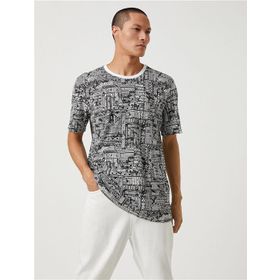 Koton 3SAM10045HK Beyaz Desenli 0D0 Erkek Pamuk Jersey T-Shirt