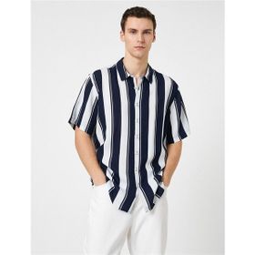 Koton 3SAM60023HW Lacivert Çizgili 02M Erkek Woven Tops Viskos Gömlek