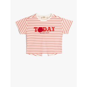 Koton 3SKG10109AK Kırmızı Çizgili Bisiklet Yaka Kız Çocuk T-shirt