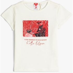 Koton 3SKG10197AK 010 Ekru Kız Çocuk Pamuk Jersey Kısa Kollu T-Shirt