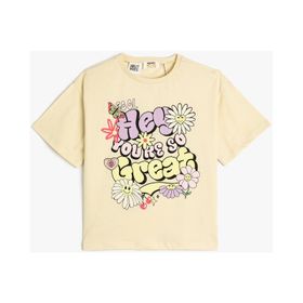 Koton 3SKG10549AK 053 Bej Kız Çocuk Jersey Kısa Kollu Bisiklet Yaka T-Shirt