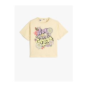 Koton 3SKG10549AK 053 Bej Kız Çocuk Jersey Kısa Kollu Bisiklet Yaka T-Shirt