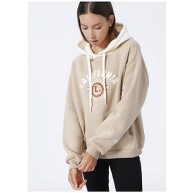 Koton 3WAL10010IK Kapüşon Yaka Baskılı Bej Kadın Sweatshirt