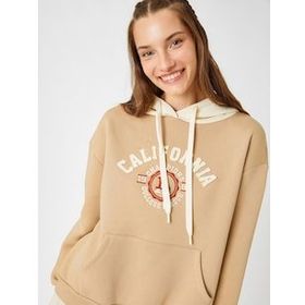 Koton 3WAL10010IK Kapüşon Yaka Baskılı Bej Kadın Sweatshirt