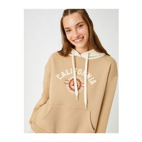 Koton 3WAL10010IK Kapüşon Yaka Baskılı Bej Kadın Sweatshirt