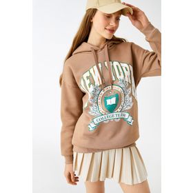 Koton 3WAL10052IK Bej Kadın Baskılı Kapüşonlu Sweatshirt