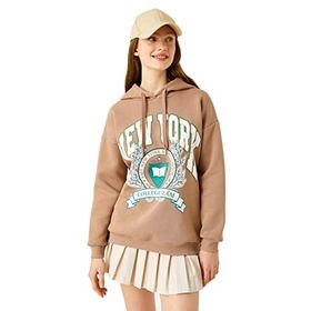 Koton 3WAL10052IK Bej Kadın Baskılı Kapüşonlu Sweatshirt
