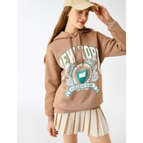 Koton 3WAL10052IK Bej Kadın Baskılı Kapüşonlu Sweatshirt