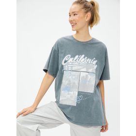 Koton 3WAL10340IK Baskılı Oversize Kısa Kollu Bisiklet Yaka Tişört