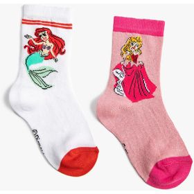 Koton 3WKG80066AA Beyaz Disney Prenses Baskılı 2'li Kız Çocuk Çorap Seti