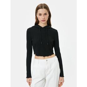 Koton 4SAK50276EK Kapüşonlu Uzun Kollu Baskılı Crop Siyah Kadın T-shirt