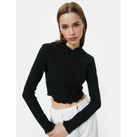 Koton 4SAK50276EK Kapüşonlu Uzun Kollu Baskılı Crop Siyah Kadın T-shirt