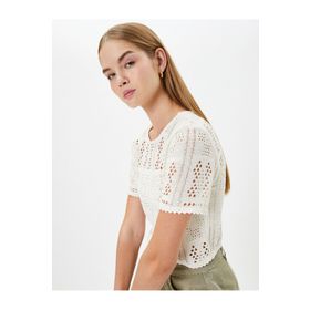 Koton 4SAL10008IK Ekru Ajurlu Crop Kadın T-shirt