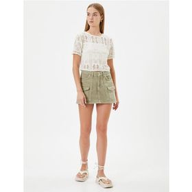 Koton 4SAL10008IK Ekru Ajurlu Crop Kadın T-shirt