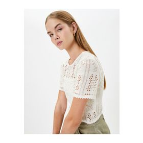 Koton 4SAL10008IK Ekru Ajurlu Crop Kadın T-shirt