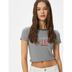 Koton 4SAL10072IK Gri Çizgili Crop Kadın T-shirt