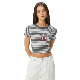 Koton 4SAL10072IK Gri Çizgili Crop Kadın T-shirt