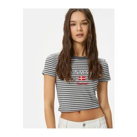 Koton 4SAL10072IK Gri Çizgili Crop Kadın T-shirt