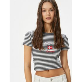 Koton 4SAL10072IK Gri Çizgili Crop Kadın T-shirt