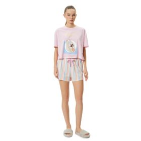 Koton 4SLK40014MK Pembe Çizgili Disney Lisanslı Kadın Pijama Takımı