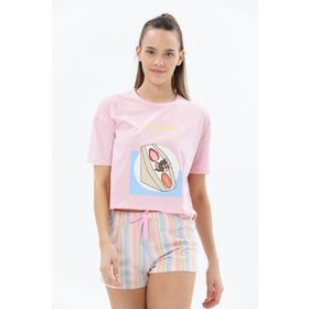 Koton 4SLK40014MK Pembe Çizgili Disney Lisanslı Kadın Pijama Takımı