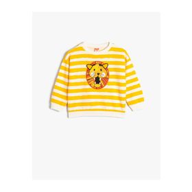 Koton 4SMB10047TK Sarı Çizgili Hayvan Baskılı Erkek Bebek Sweatshirt