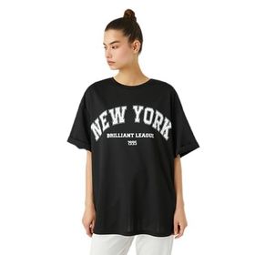 Koton 4WAK10003NK Siyah Slogan Baskılı Kadın T-shirt