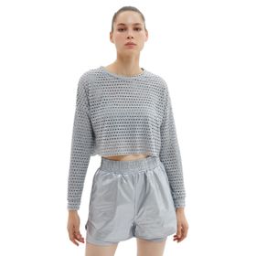Koton 4WAK10107NK Gri Delikli Crop Kadın T-shirt