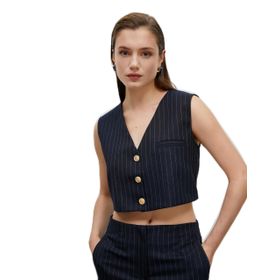 Koton 4WAK20011PW Lacivert Çizgili Crop Kadın Yelek