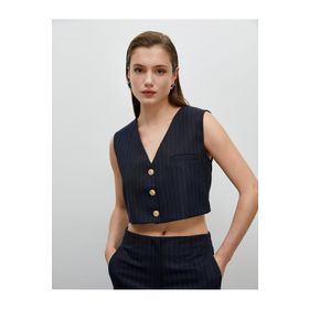 Koton 4WAK20011PW Lacivert Çizgili Crop Kadın Yelek
