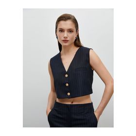 Koton 4WAK20011PW Lacivert Çizgili Crop Kadın Yelek