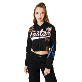Koton 4WAL10034IK Siyah Nakışlı Kadın Crop Sweatshirt