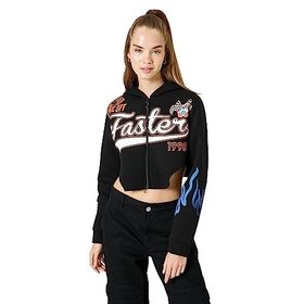 Koton 4WAL10034IK Siyah Nakışlı Kadın Crop Sweatshirt