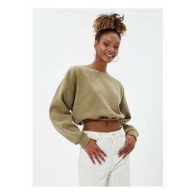 Koton 4WAL10107IK Desenli Yuvarlak Yaka Düz Haki Kadın Sweatshirt