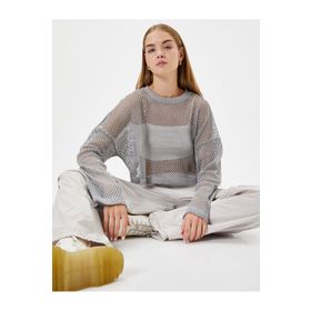 Koton 4WAL10136IK Ekru Crop Ajurlu Kadın Kazak
