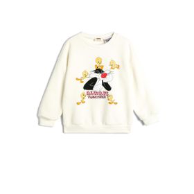 Koton 4WKG10664AK Looney Tunes Baskılı Beyaz Bisiklet Yaka Çocuk Sweatshirt