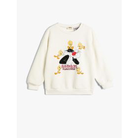 Koton 4WKG10664AK Looney Tunes Baskılı Beyaz Bisiklet Yaka Çocuk Sweatshirt