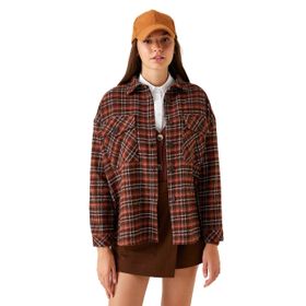 Koton 5C1 Kadın Oversize Ceket Cep Detaylı Kahverengi Kareli Gömlek