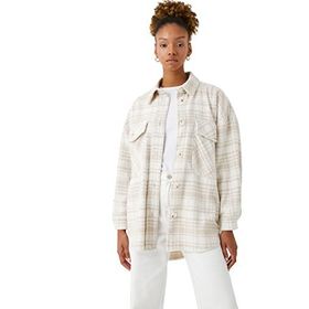 Koton 5C1 Kadın Oversize Ceket Cep Detaylı Kahverengi Kareli Gömlek