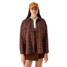Koton 5C1 Kadın Oversize Ceket Cep Detaylı Kahverengi Kareli Gömlek