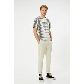 Koton 5WAM10062HK Viskon Karışımlı Lacivert Çizgili Bisiklet Yaka Erkek T-shirt
