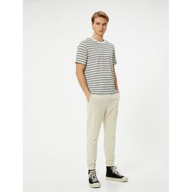 Koton 5WAM10062HK Viskon Karışımlı Lacivert Çizgili Bisiklet Yaka Erkek T-shirt