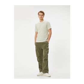 Koton 5WAM10062HK Viskon Karışımlı Lacivert Çizgili Bisiklet Yaka Erkek T-shirt