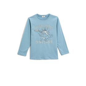 Koton 600 Erkek Çocuk Dinozor Baskılı Uzun Kollu Bisiklet Yaka Açık İndigo T-shirt