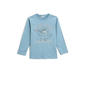 Koton 600 Erkek Çocuk Dinozor Baskılı Uzun Kollu Bisiklet Yaka Açık İndigo T-shirt