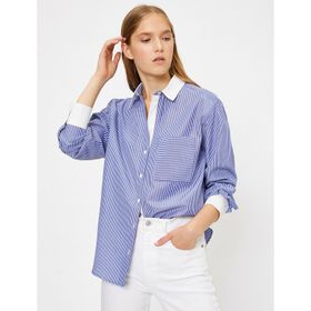 Koton 7KAK68029GW Mavi Çizgili Kadın Gömlek