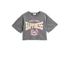 Koton 926 Kız Çocuk Antrasit Oversize Baskılı Kısa Kollu T-shirt