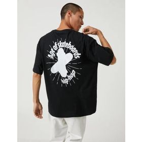 Koton 999 Erkek Siyah Basic Oversize Slogan Baskılı Bisiklet Yaka T-shirt