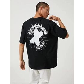 Koton 999 Erkek Siyah Basic Oversize Slogan Baskılı Bisiklet Yaka T-shirt