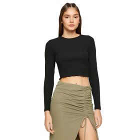 Koton 999 Kadın Crop Uzun Kollu Bisiklet Yaka Nervürlü Siyah T-shirt